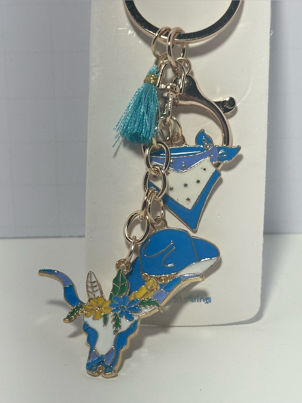 Blue Enamel Western Dog Keychain with Tassel
